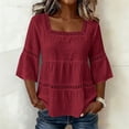 thumbnail image 2 of Edvintorg Blouses for Women Casual Square Neck 3/4 Sleeve Loose Cotton and Linen Pullover Tops Women Shirts Wine L, 2 of 6