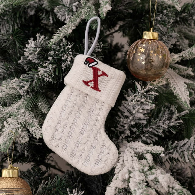 IROINID Christmas Ornaments Bulk,Christmas Hanging Decorations Ornaments For Tree,Decorative Knit Socks Wool Stockings Embroidered Alphabet Children's Candy Gift Bag White Christmas Socks Gift Bag
