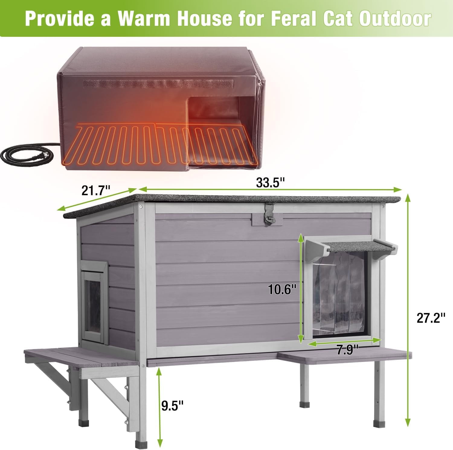 Aivituvin  Heated Cat House with Anti-Chewing Cable Insulated Cat House Outdoor Weatherproof with Liner Feral Cats Shelter with Heater