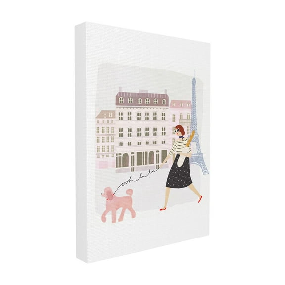 The Stupell Home Decor Collection Eiffel Tower Scene Paris Girl with a Baguette Walking Her Dog Stretched Canvas Wall Art, 16 x 1.5 x 20