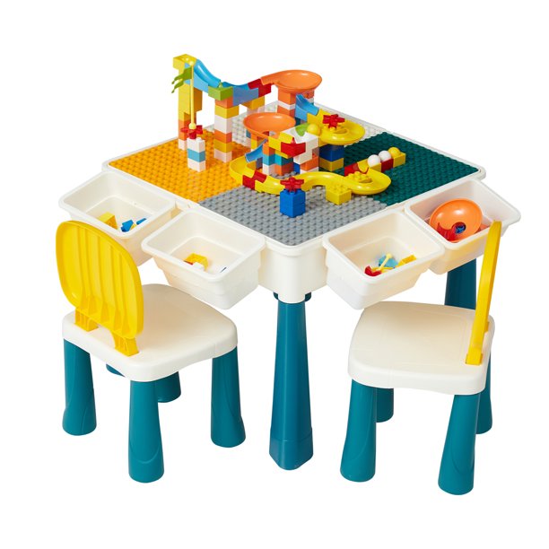 Kinbor 5-in-1 Activity Table and 2 Chairs Set Toddler Building Blocks ...