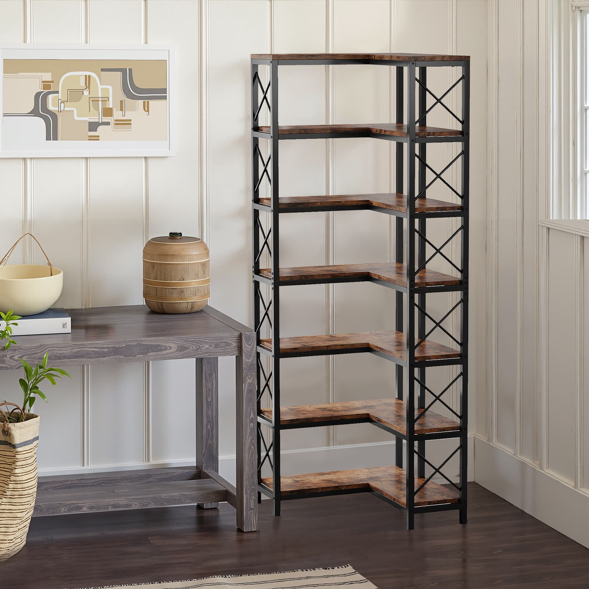 MAYEERTY Industrial 7-Tier Corner Bookcase with X-Shaped Support Bars, 14 Open Display Storage Shelves