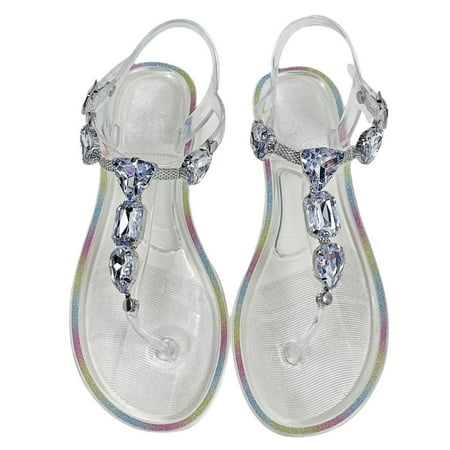 

Huanghuaa Shoes Womens Memory Foam Sandals Ladies Ladies Summer Rhinestone Jelly Toe Beach Big Size Flat Transparent Sandals