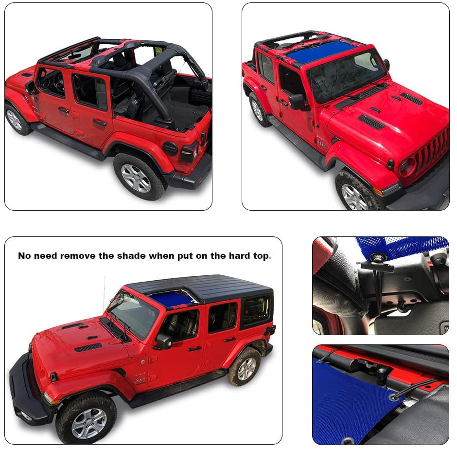 Shadeidea Jeep Wrangler Sunshade JL Unlimited (2018-Current) 2 Door and 4 Door Front-Blue Mesh Screen Sunshade JLU SAHARA RUBICON SPORT S Top Cover UV Blocker with Grab Bag-10 years Warranty
