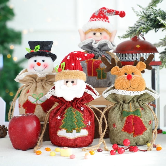 Bolsa de regalo de vacaciones para niños, 4 Uds., adornos navideños, ropa de muñeca 3D, bolsa de manzana bordada a máquina