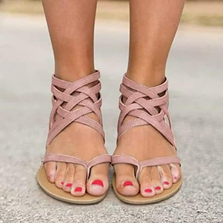 

jjayotai Women Shoes Clearance Ladies Flat Sandals Zipper Open Toe Slippers Roman Shoes Summer Beach Sandals Rollbacks Pink
