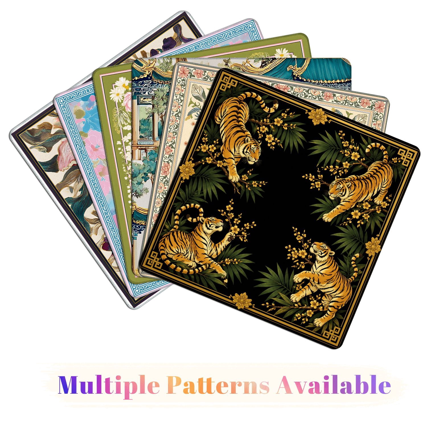 Mahjong Mat 31.5" x 31.5" Golden Tigers Tropical Leaves Blossoms Black Non-Slip Noise Reduction American Mahjong Tiles Table Cover for Dominoes Poker Card Board Games Gift