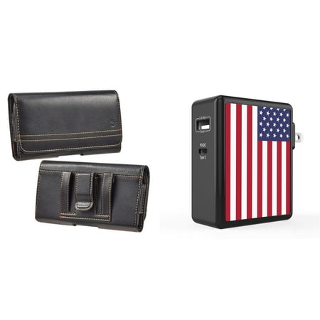 

Holster and Wall Charger Bundle for Samsung Galaxy A53 5G: Horizontal Pro Belt Pouch Case (Black) and 45W Dual USB Port PD Power Delivery Type-C and USB-A Power Adapter (American USA Flag)