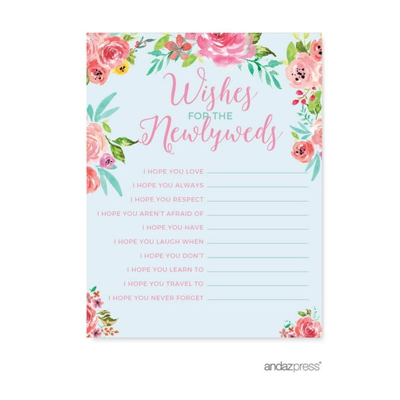 Wedding Pink Roses English Tea Party, 20-Pack Wishes for the Newlyweds Advice Cards, Guest Book