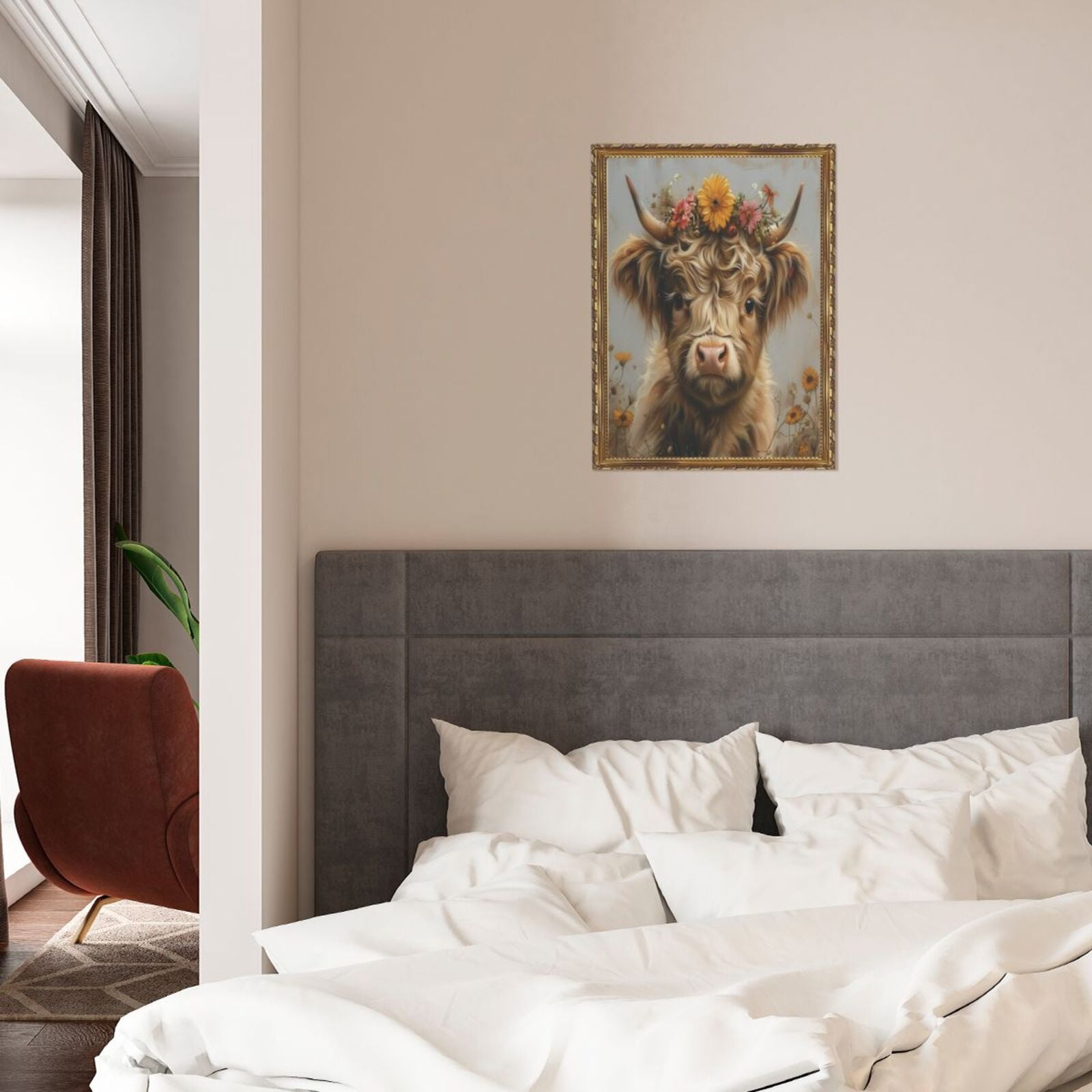 Aarocafa Gold Plastic Frame Floral Highland Cow Wall Art-Luxe Canvas Print 12x12"|Shimmering & Scratch-Resistant Artwork|Glam Rustic Decor for Living Room,Home Office|Ready-to-Hang Wall Picture