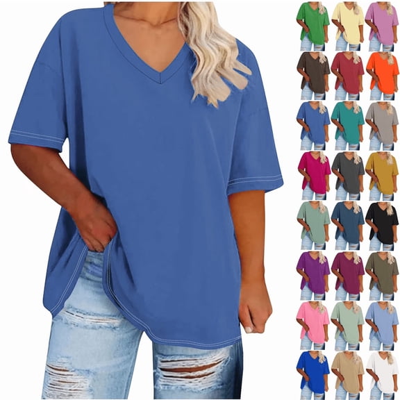 Plus size womens clothes tops Summer V Neck Short Sleeved Solid T Shirts Dressy Casual Short Sleeve Tees Loose Fit Cotton Tunic Tops