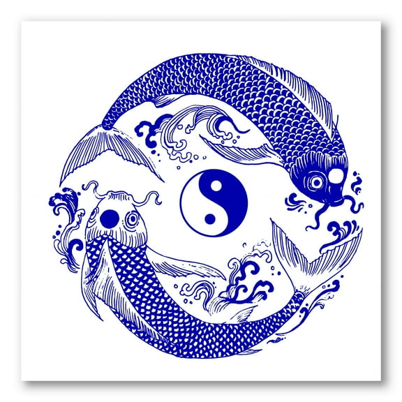Designart ' Blue Chinoiserie Koi Fish II ' Traditional Canvas Wall Art Print
