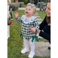 thumbnail image 5 of Cjfdfy  Newborn Baby Girl Holiday Fall Outfit Holiday Thanksgiving Turkey Merry Christmas Embroidery Long Sleeve Doll Collar Plaid Romper And Bow Headband Set, 5 of 9