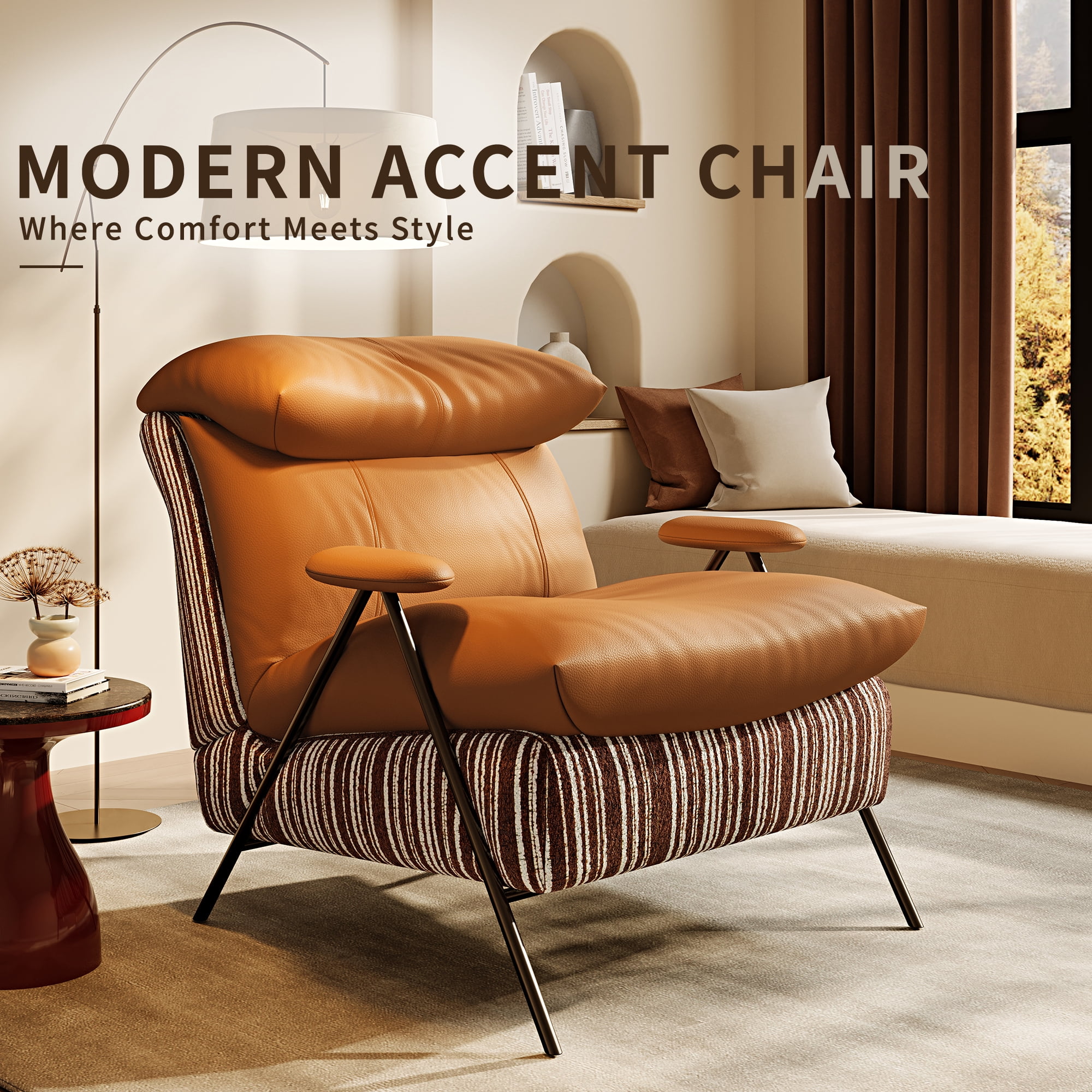 Minimalist Casual Single Chair With Solid Wood Frame, Upholstered In Leather And Chenille Fabric, Fits Balconies, Living Rooms And Bedrooms