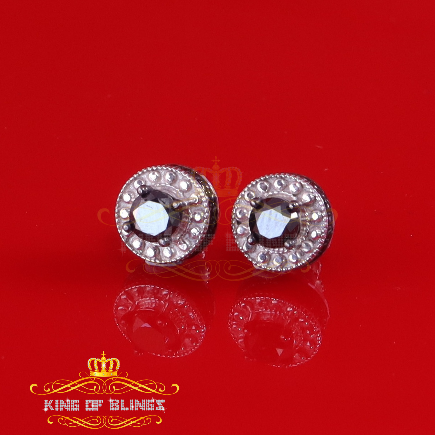 King of Bling's 0.75ct Black Diamond 925 Silver White for Men's/Womens Stud Round Halo Earrings