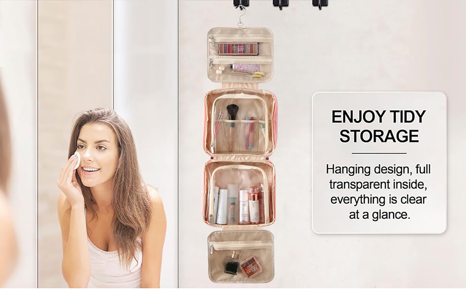 Travel Hanging Toiletry Bag, Jewelry Organizer with Dry Wet Separation, Large Capacity Cosmetic Bag with Trolley Strap, Foldable Hanging Design for Travel & Home