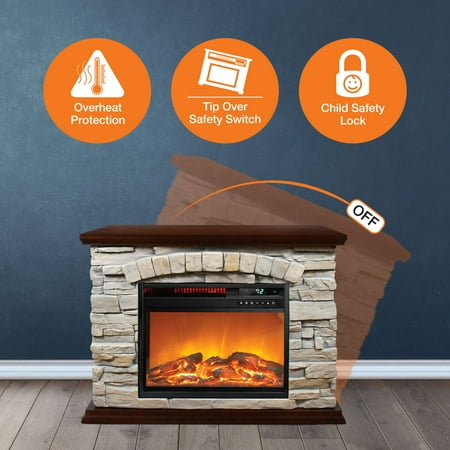 Lifesmart - Large Square Infrared Faux Stone Fireplace - Black