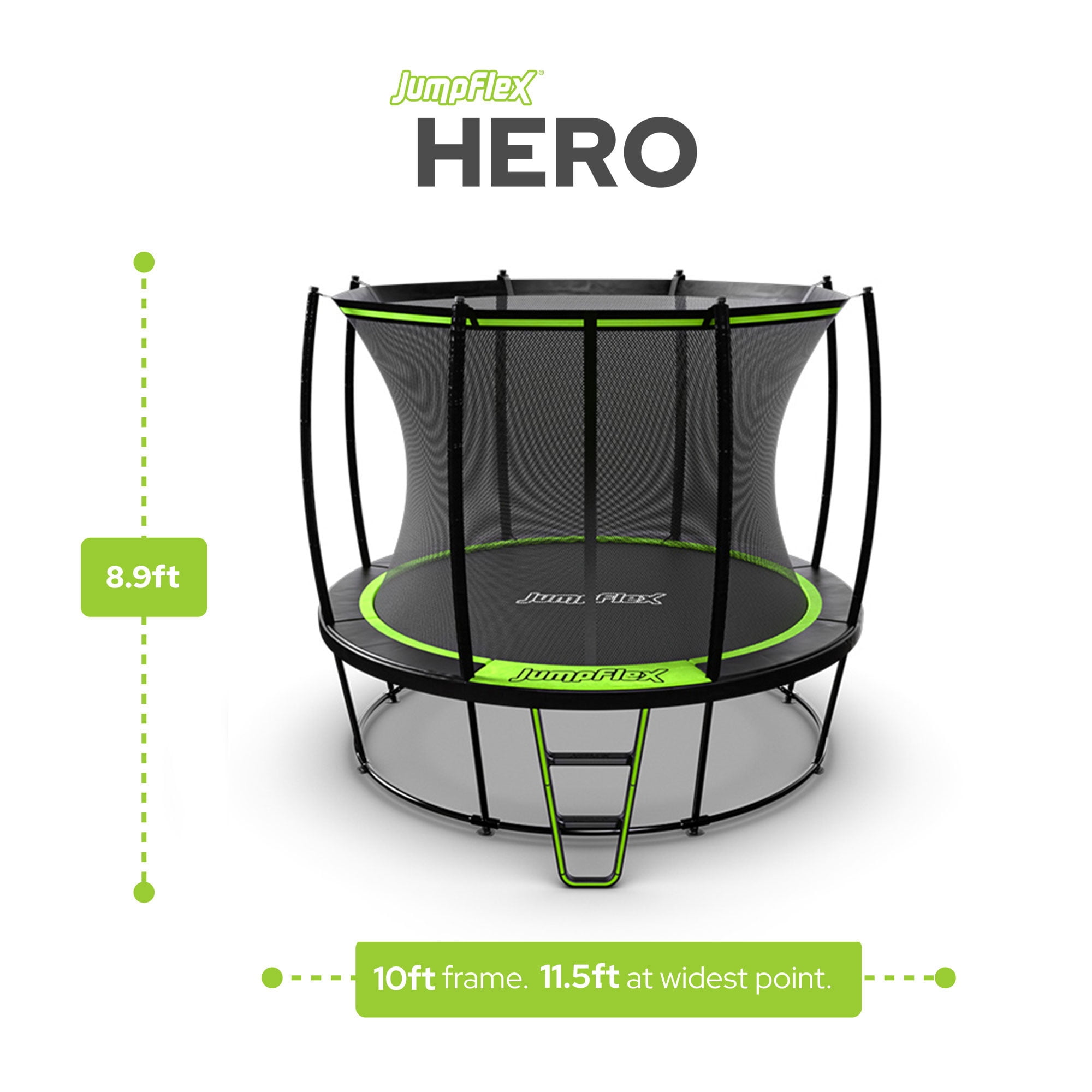 JumpFlex HERO 10' Round Trampoline with Safety Net Enclosure & Net Attachment, Black/Green
