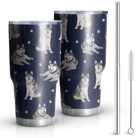 30oz Siberian Husky Tumblers Stainless Steel Tumbler with Lid and Straw,Vacuum Insulated Double Wall Travel Tumbler Cups Mug with Cleaning Brush for Coffee,Tea