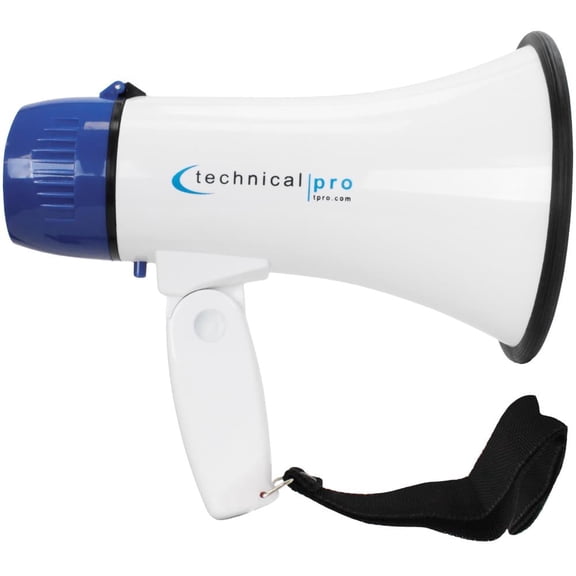 Technical Pro 25W Rechargeable Megaphone Bullhorn, 600 Ft Voice Range, Record & Siren Functions, Volume Control, Shoulder Strap, White/Blue