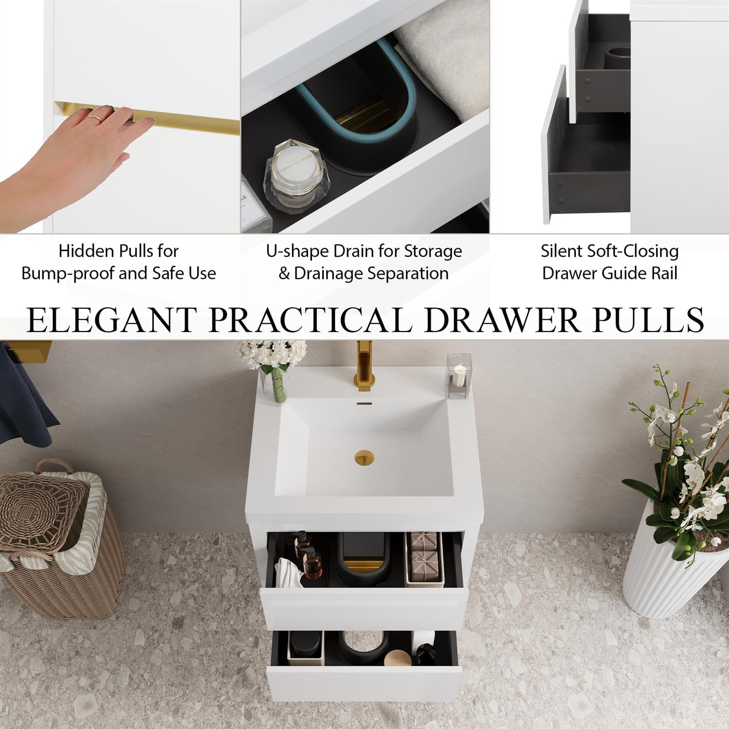 Demi Bonn 23" Wall-Mounted Bathroom Vanity with Sink, Stone Resin Countertop and 2 Soft Close Drawers, Faucets and Drains Not Included, White