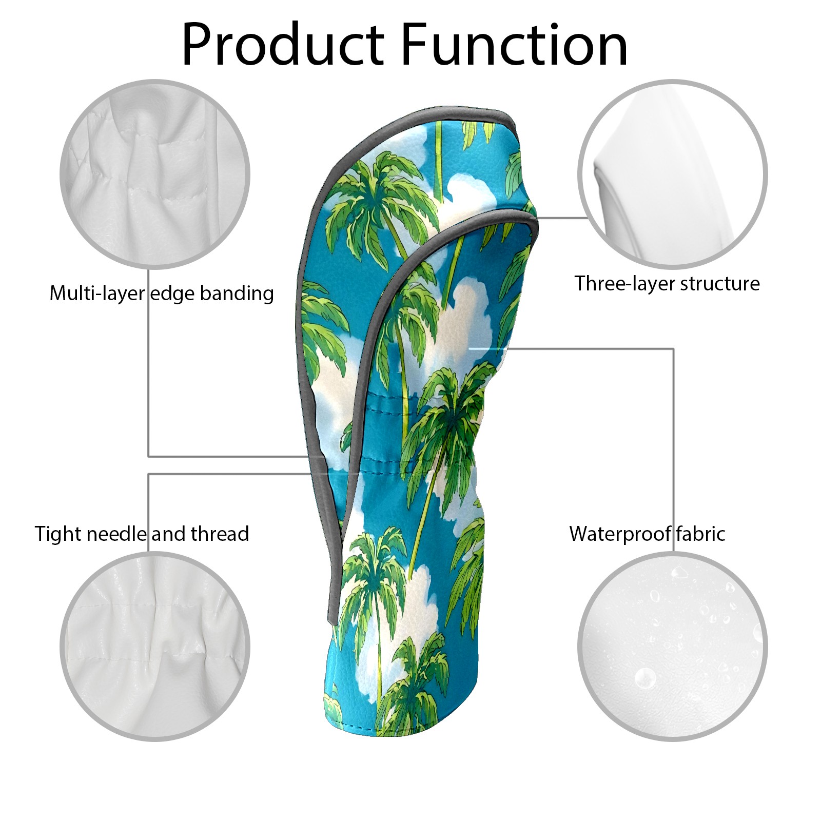 Golf Club Covers, Palm Tree Blue Premium PU Leather Driver Hybrid Putter Head Covers with Velvet Lining, Waterproof Golf Gifts for Men Women