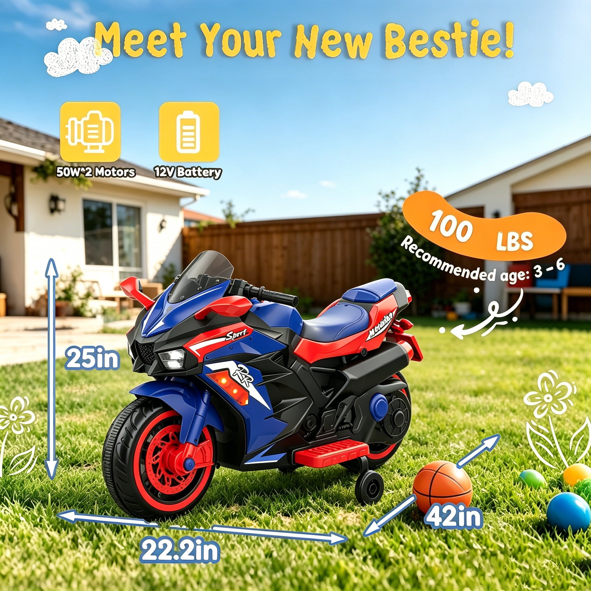 HNH 12V Ride on Motorcycle, Kids Motorcycle with Remote Control, Music, Bluetooth, Lights，Electric Motorcycle for Boys Girls