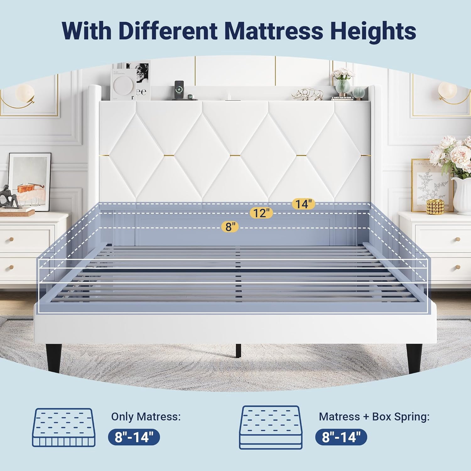 Allewie Velvet Full Upholstered Bed Frame with Wingback Storage Headboard & Charging Station, Platform Bed with Diamond Tufted Design & Gold Trim, No Box Spring Needed, Easy Assembly, White