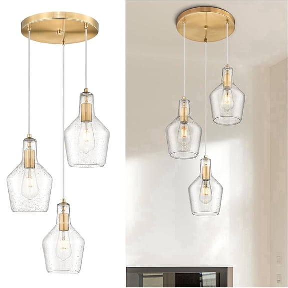Emliviar Brushed Gold Pendant Light, 3 Light Seeded Glass Chandelier for Kitchen Island, DYE286G2-3 BG