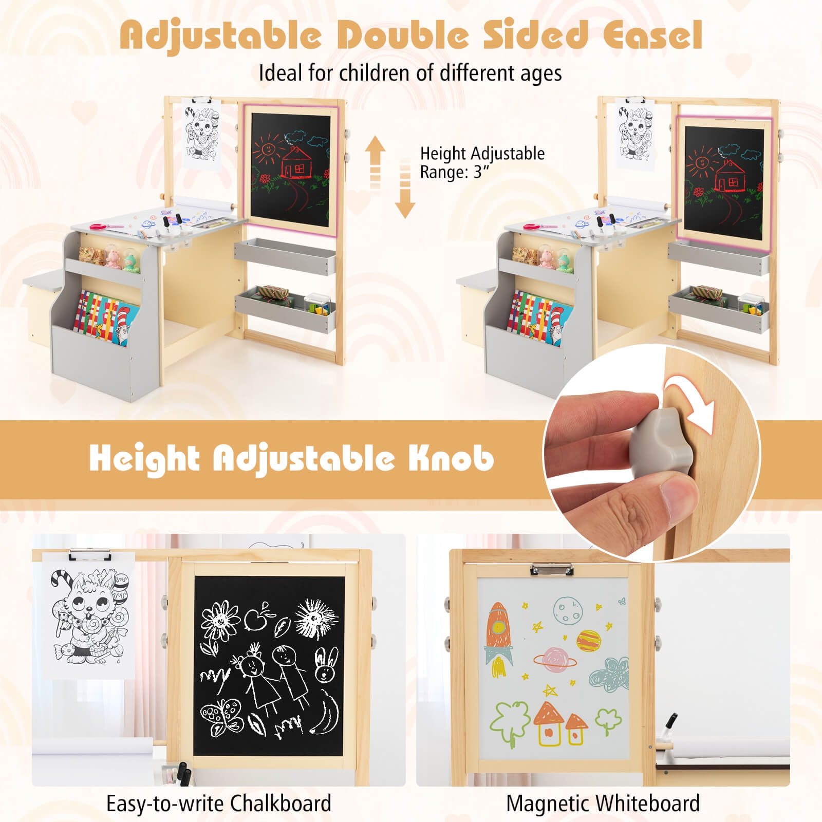 Infans Kids Art Center Wooden Table Bench Set Adjustable Double-Sided Easel Storage