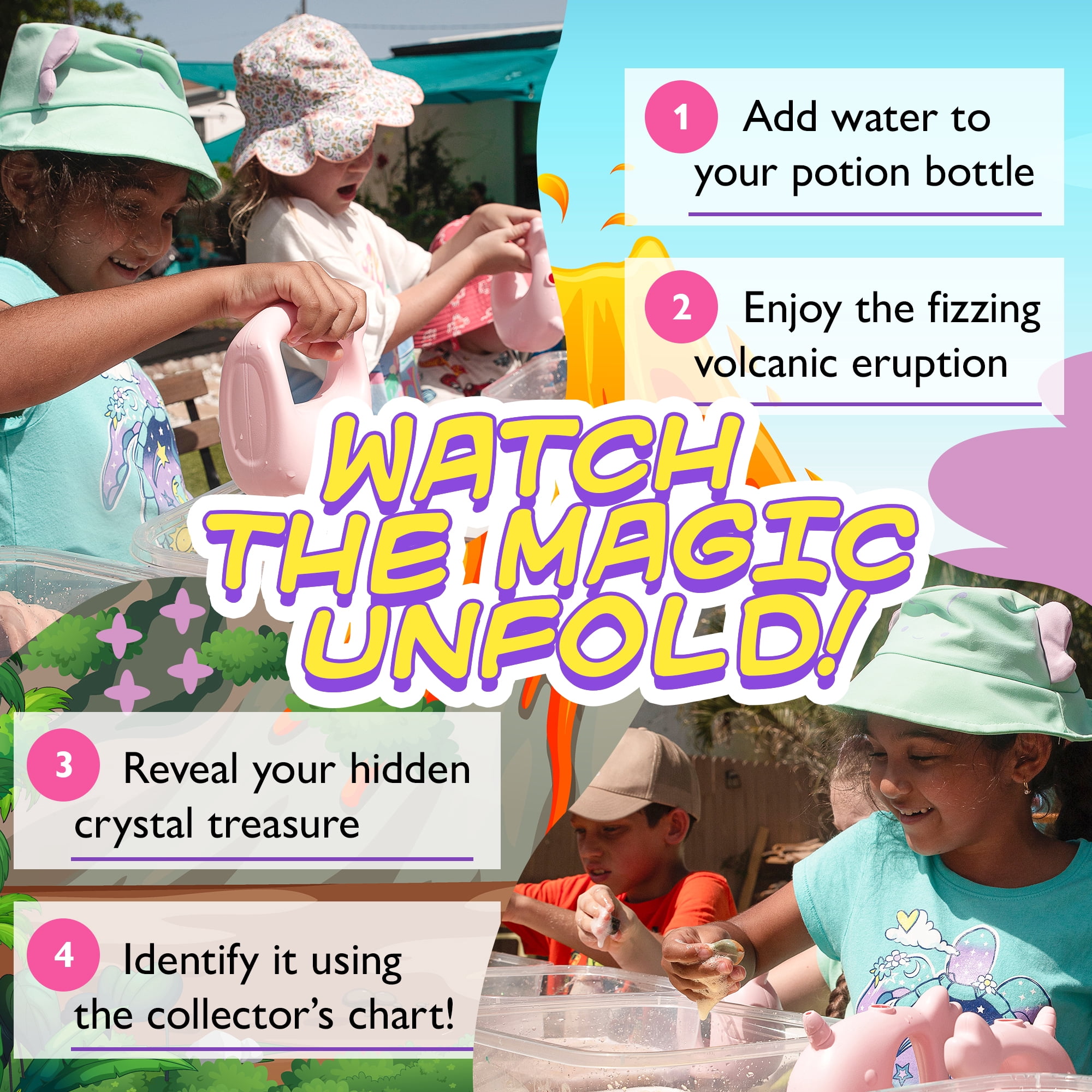 Volcano Crystal Bath Bomb Potions Kit – 4 Fizzing Volcano Tubes with Hidden Gemstones – STEM Toy for Kids – Collect All 40 Crystals