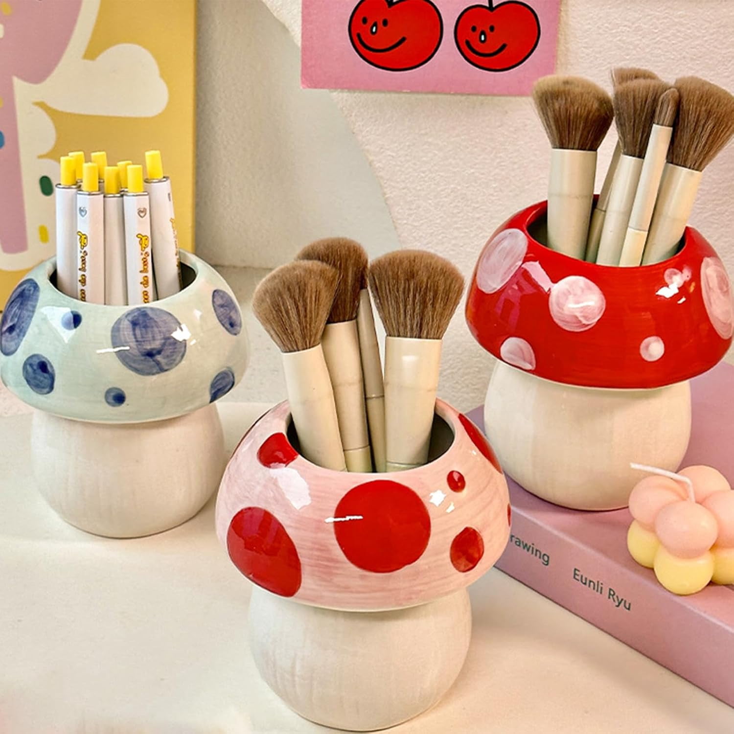 Pink Makeup Brush Holder Pen Holder for Office Desk Accessories Aesthetic Pencil Holder Cute Flower Home Decor Birthday Gifts for Women Vanity Toothbrush Holder Kawaii Kitchen Utensil Holder