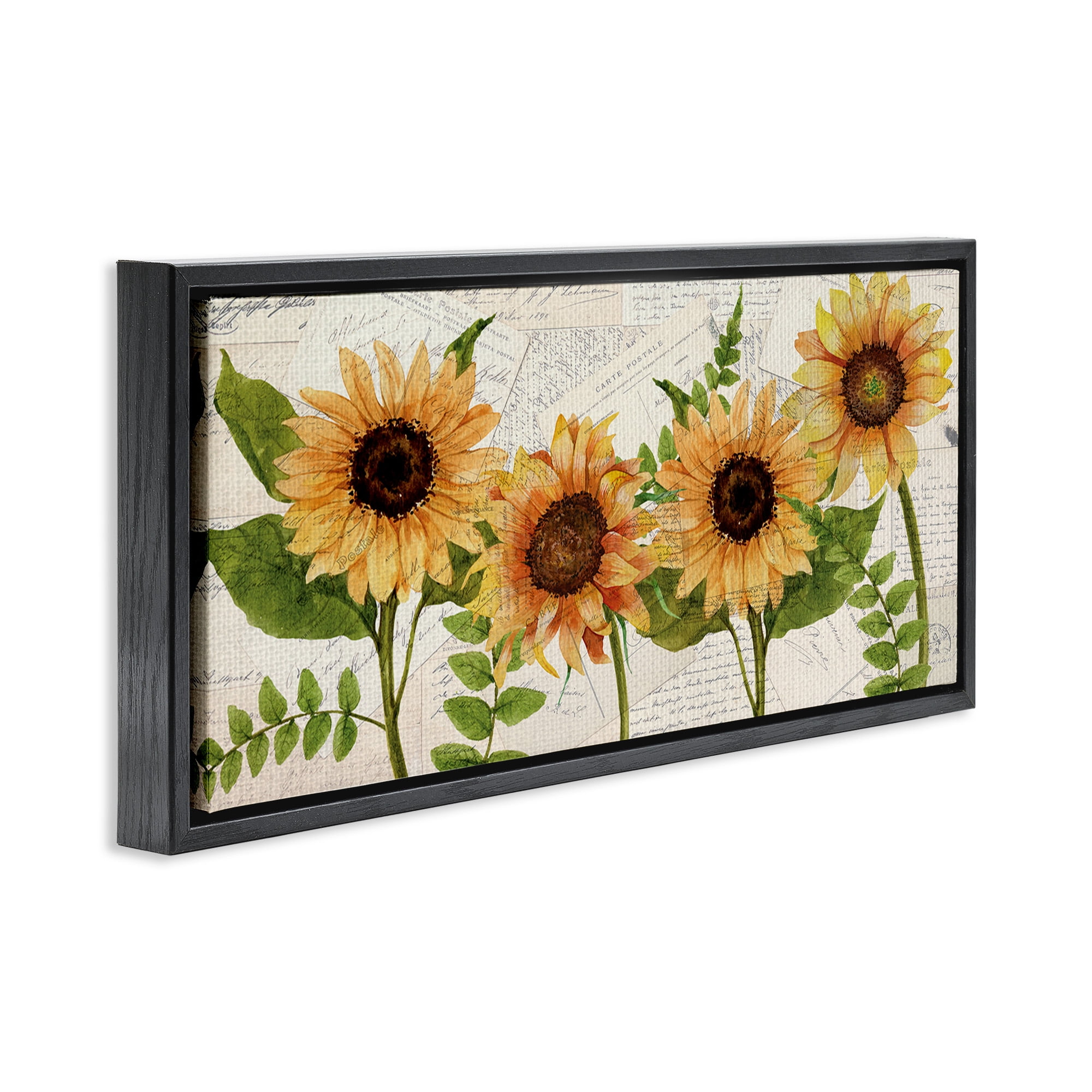 Stupell Industries Vintage European Postcard Collage Botanical & Floral Painting Black Floater Framed Canvas Art Print Wall Art, 31 x 14
