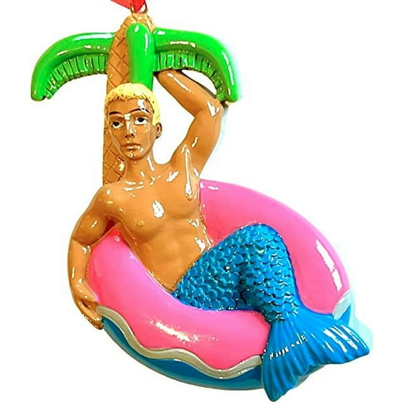 Blonde Merman on Island Raft Christmas Tree Ornament