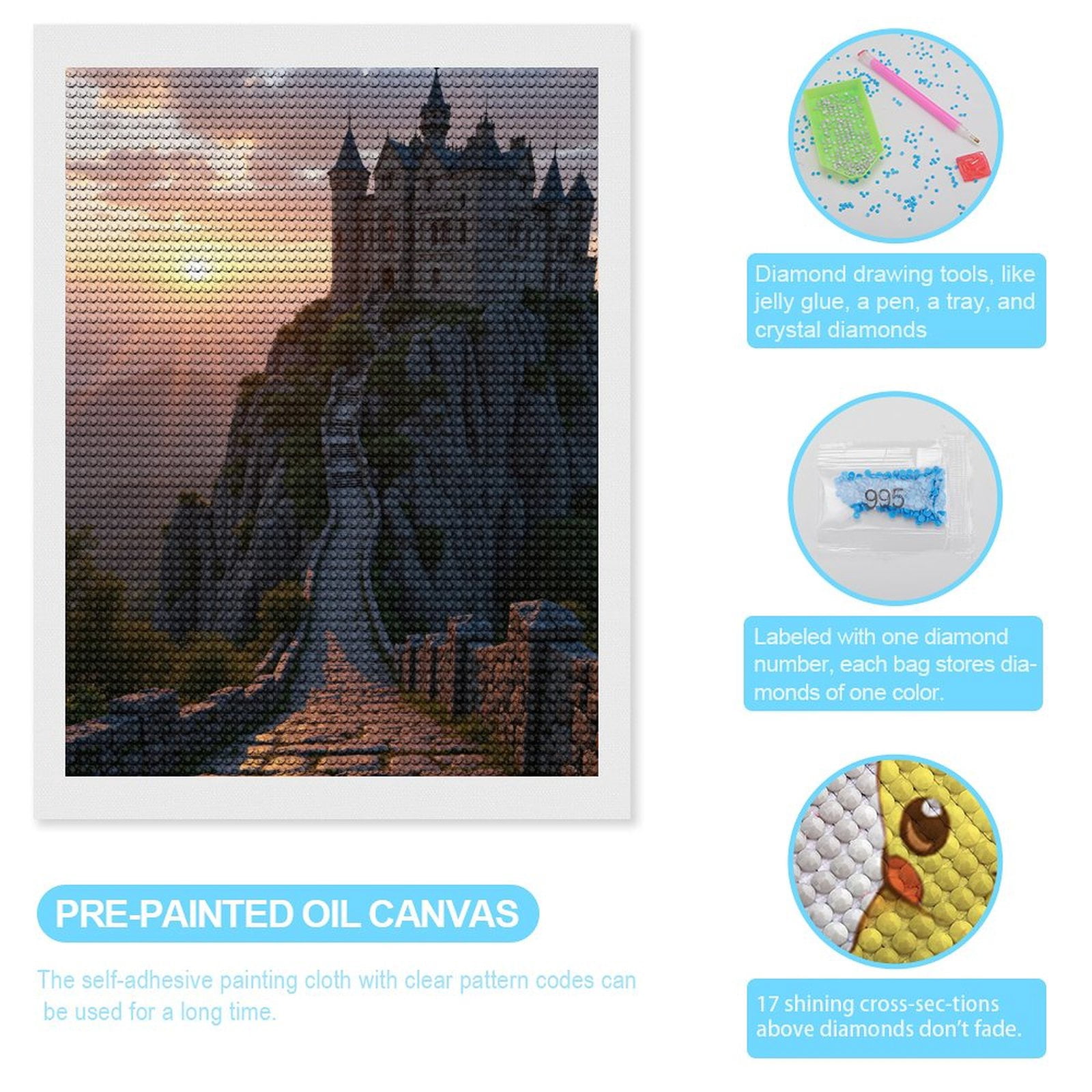 Diamond Art Kits for Adults, Castle Sunset Pathway Stone Steps 5D Diamond Painting Kits for Adults Beginners, DIY Full Drill Diamond Painting, Gem Art and Crafts 12x16