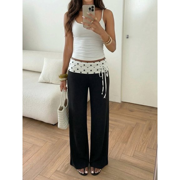 Women's Polka Dot Drawstring Wide Leg Pants, Loose Fit Flowy Trousers for Everyday, Vacation, Beach & Casual Wear