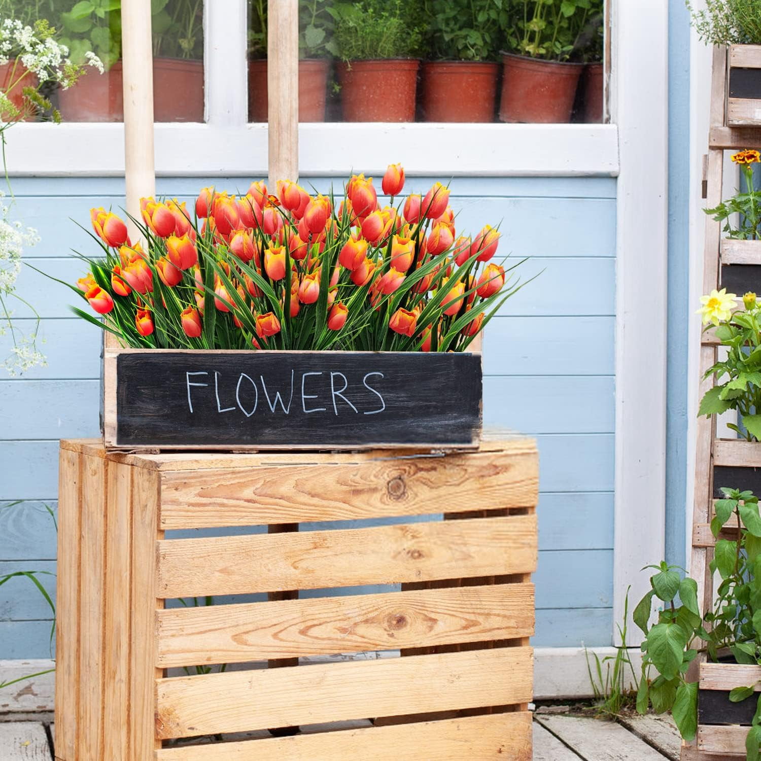 Morttic 8 Pcs Tulips Artificial Flowers for Outdoors, Fake Plants Faux Plastic Silk Floral Arrangement for Home Indoor Outside Table Vase Garden Spring Decor