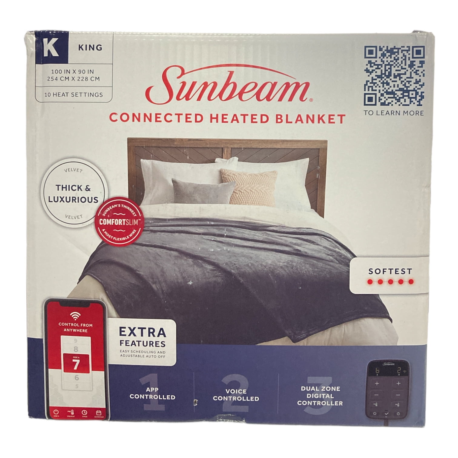 Sunbeam Velvet Wi-Fi Connected Heated Blanket, Blue - King - Walmart.com