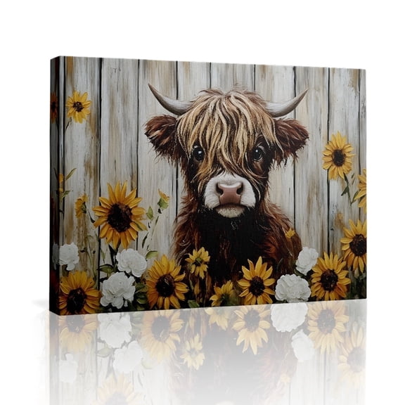 1pc Adorable Highland Cow with Sunflowers and White Flowers in Front of a Rustic Wooden Fence Framed Decor room hanging Wall Picture Decor for Home Gifts, living room, bathroom, bedroom, kitchen wall