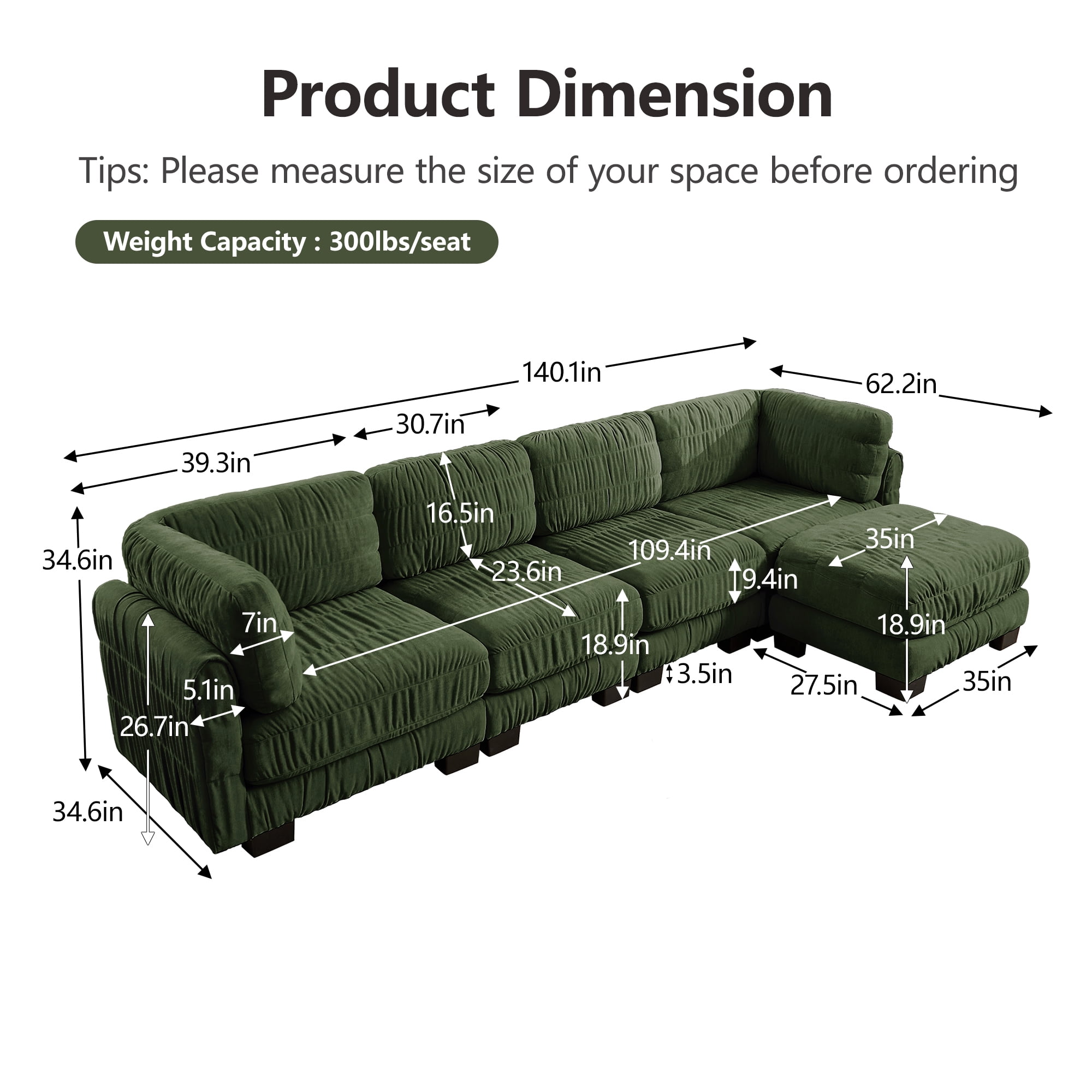 140" L Shape 4 Seat Chenille Modular Sectional Sofa with Ottoman and L Shape Back Cushions,Easy Assembly