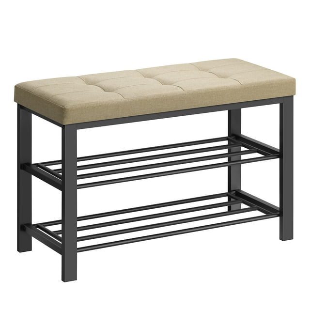 SONGMICS Banc de Rangement pour Chaussures, Banc d'Entrée avec Coussin, 31 x 81 x 49 cm, Étagère à Chaussures avec Siège, Gain de Place, Style Moderne, pour Salon, Chambre, Couloir, Brun Chameau et Noir Encre