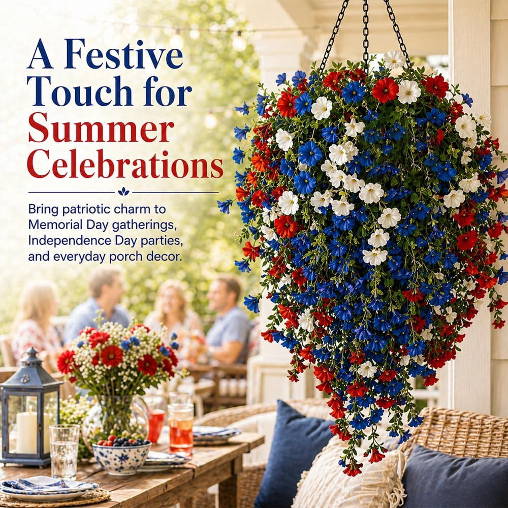 4th Of July Decoration Tricolor Patriotic Artificial Flower - Red White Blue UV Resistant Realistic Artificial Fake Hanging Silk Flowers for Memorial Day Independence Day (2Pcs With Solar LED lights)