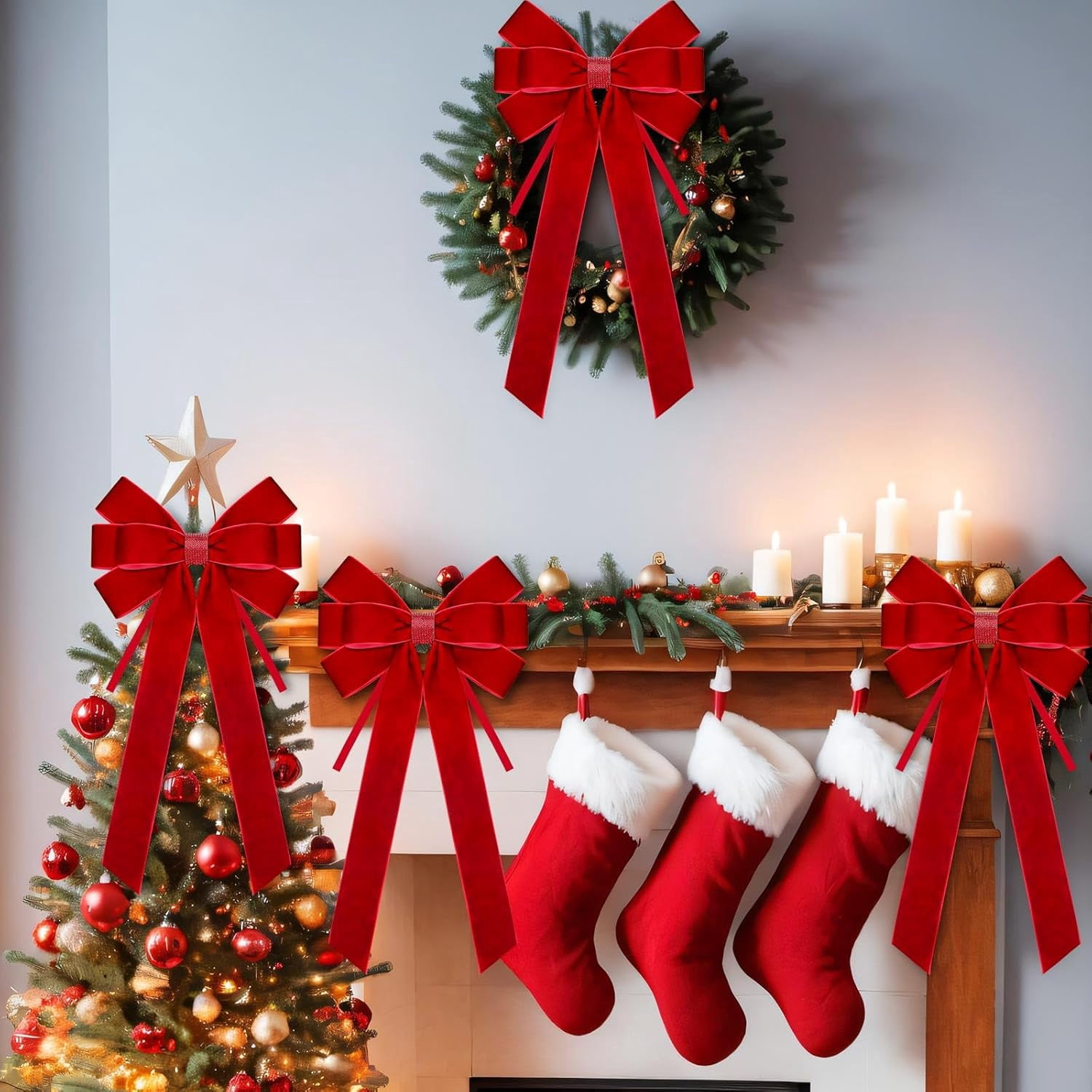 Dalrosia 6PCS Velvet Bows for Christmas Tree Large Velvet Christmas Wreath Bows with Clip Rhinestone Ribbon,Xmas Tree Topper Ornament for Home Indoor Outdoor Decoration
