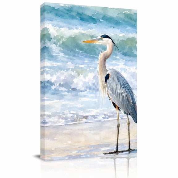 Canvas Wall Art, Coastal Heron Framed Canvas Prints for Bedroom Bathroom, Summer Beach Waves Birds Ocean Blue Gallery Wrapped Wall Decor for Home Office, Gifts, 11"x14" Ship Next Day