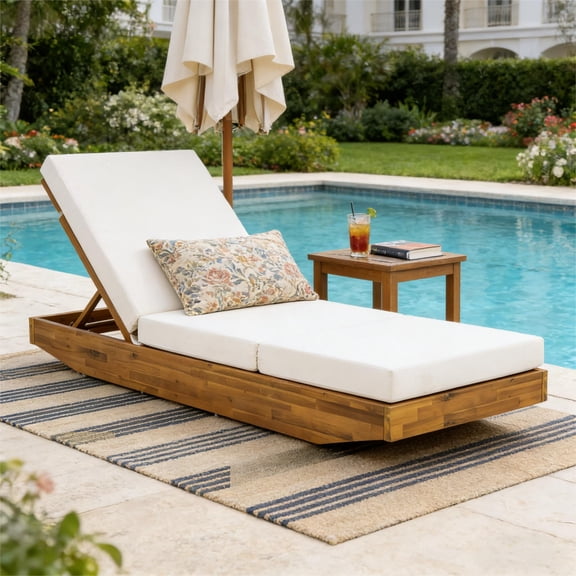 Christopher Knight Home Boat-Shape Patio Chaise Lounge Chair with 3-Fold Cushion, 3-Position Recliner, Teak Cream