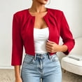 thumbnail image 2 of Scyoekwg Women 3/4 Sleeve Pleated Collarless Cropped Jacket Open Front Short Dressy Shrug Coat Casual Layering Jacket for Wedding Party Daily (Red,XS), 2 of 3