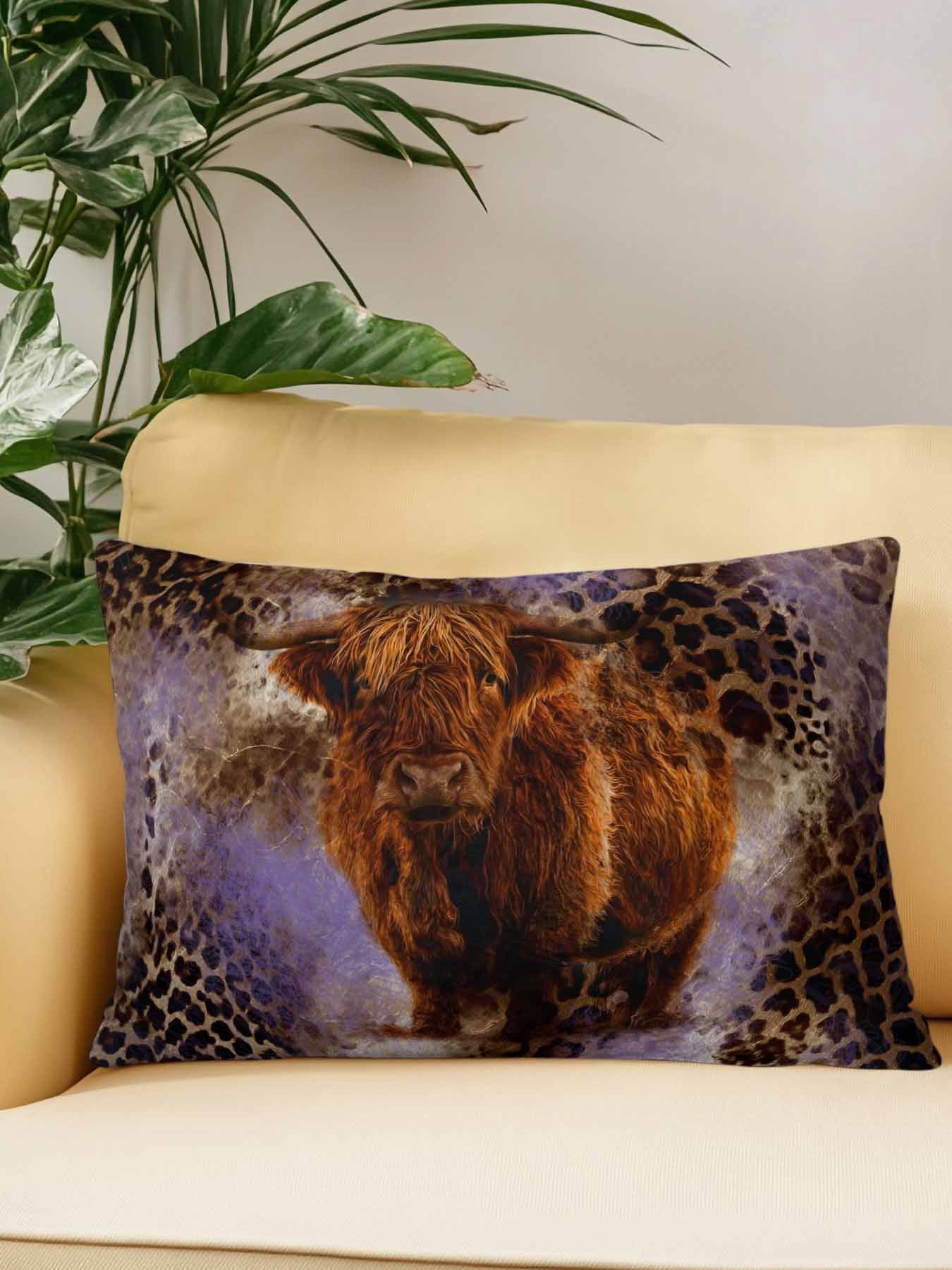 1 Pack Outdoor Throw Pillow, Purple Cow Leopard Waterproof Pillow with Insert Included, Aesthetic Vintage Animals Farmhouse Decorative Accent Cushion Lumbar Pillows for Patio Porch, 12 x 20 In