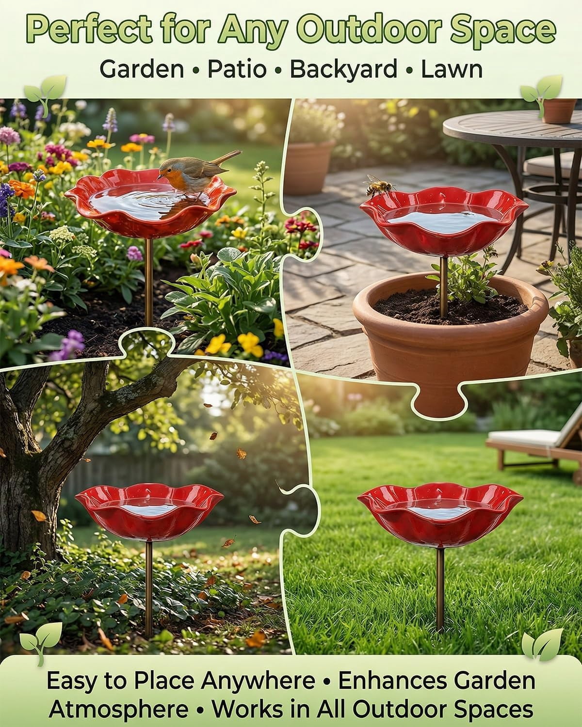 HZMSYQ 4PC Handmade Metal Flower Garden Stakes,Bird Bath Bee Watering Station for Garden Outside Birdbaths Bowl,Outdoors Yard Art Hummingbird Fountain Decorative,Weather Resistant Garden Decor Gift