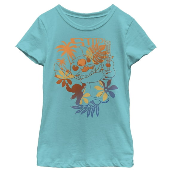Girl's Lilo & Stitch Tropical Ukulele Graphic Tee Tahiti Blue Small