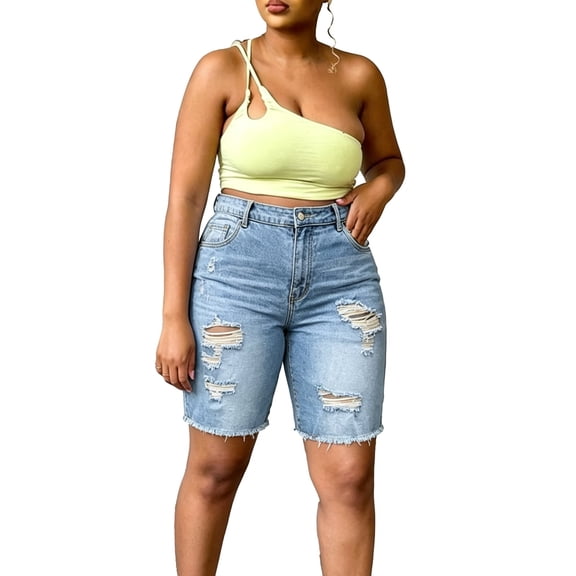 KHONTS Women's Ripped Stretchy Long Jean Shorts Mid Rise Frayed Cut off Bermuda Shorts Blue XL